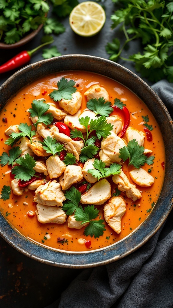 A bowl of spicy coconut chicken soup garnished with cilantro and red chili.