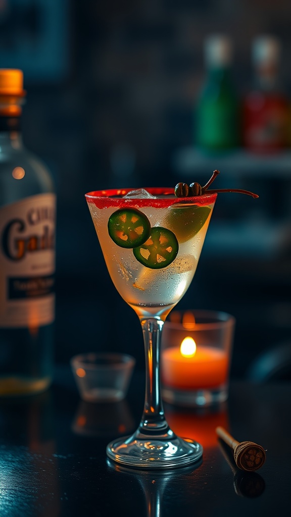 A spicy cocktail garnished with jalapeño slices and a cherry, next to a lit candle.