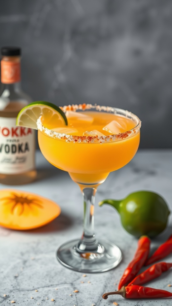 A vibrant Spicy Mango Vodka Margarita in a glass with a salted rim, garnished with a lime wedge and fresh chili.