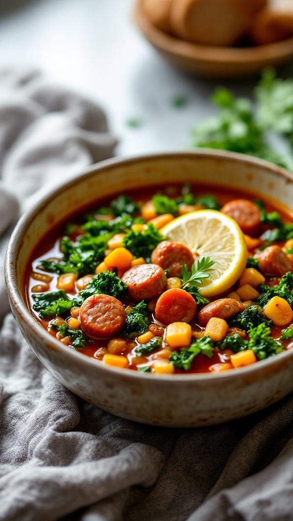 Bowl of spicy sausage and kale soup with lemon and vegetables.