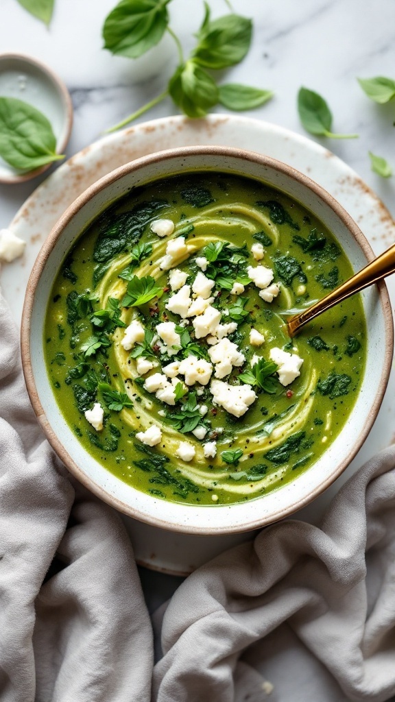 A bowl of creamy spinach and feta soup garnished with feta cheese and herbs.