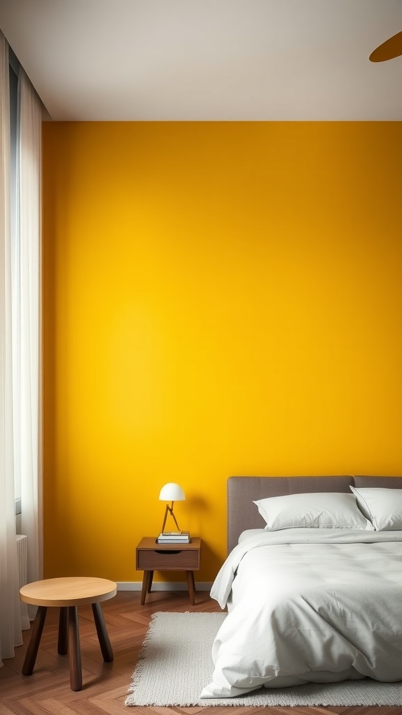 A cozy bedroom with a bright yellow feature wall, white bedding, and wooden furniture.