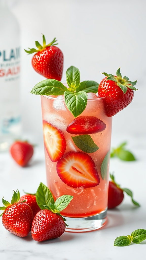 A refreshing Strawberry Basil Vodka Smash cocktail garnished with fresh strawberries and basil leaves.