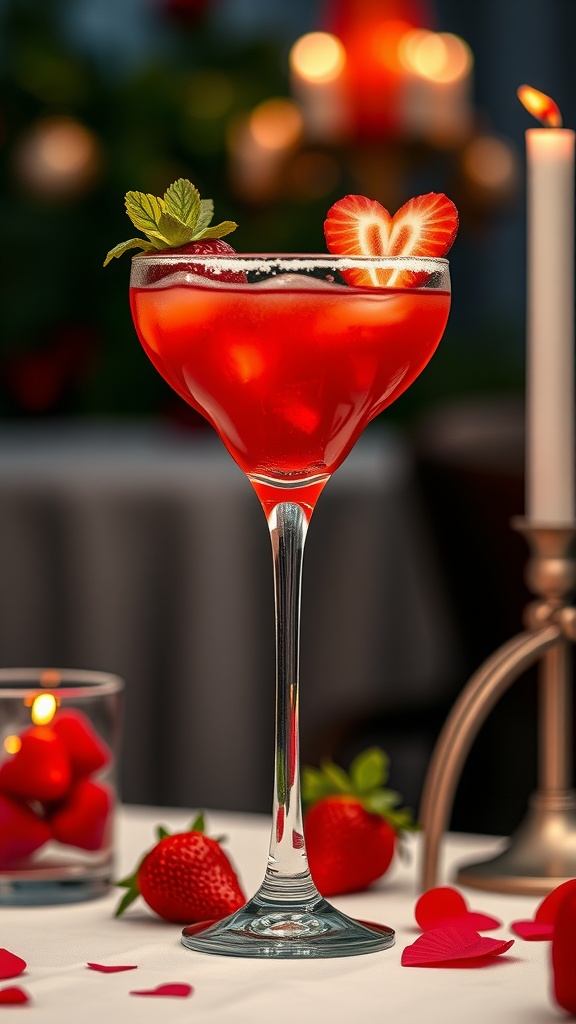 Strawberry Margarita with a heart-shaped garnish, surrounded by strawberries and candles