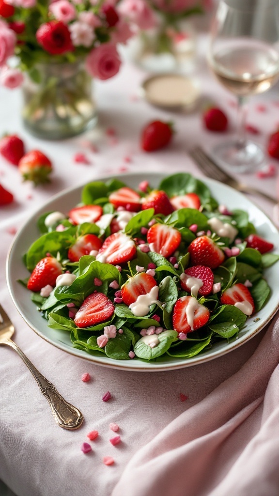 A vibrant strawberry spinach salad topped with poppy seed dressing, feta cheese, and almonds.