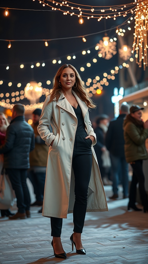 Woman in a stylish jumpsuit enjoying a winter evening with twinkling lights