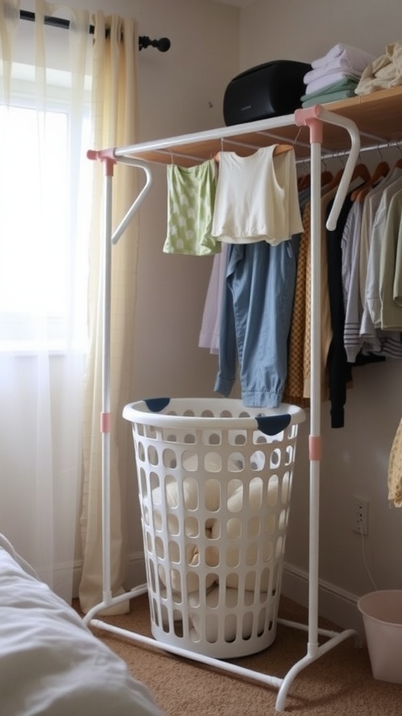 A stylish laundry setup in a dorm room featuring a drying rack with clothes and a laundry basket.