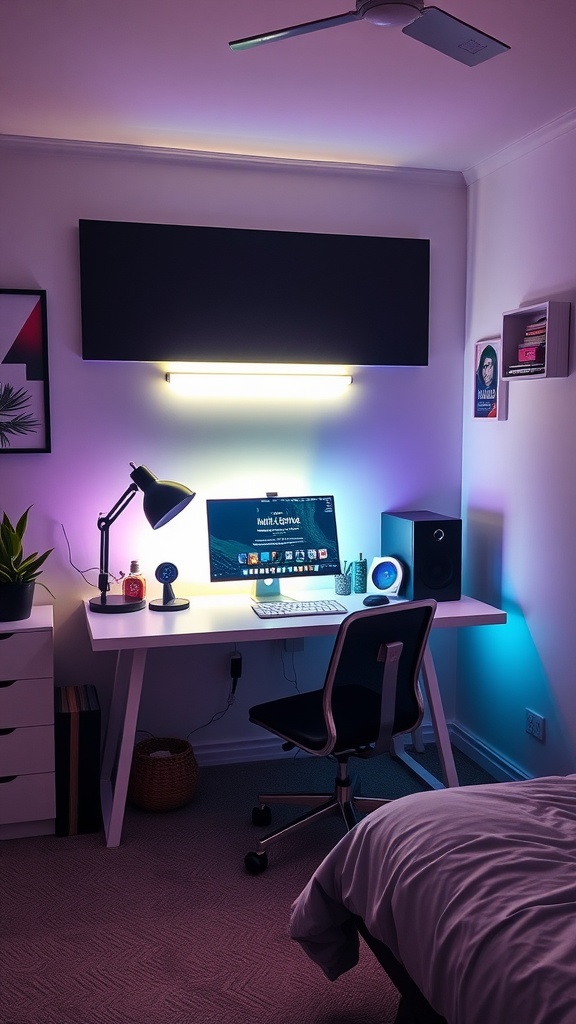 A stylish desk arrangement with neon lighting, featuring a computer monitor, lamp, and decorative items.