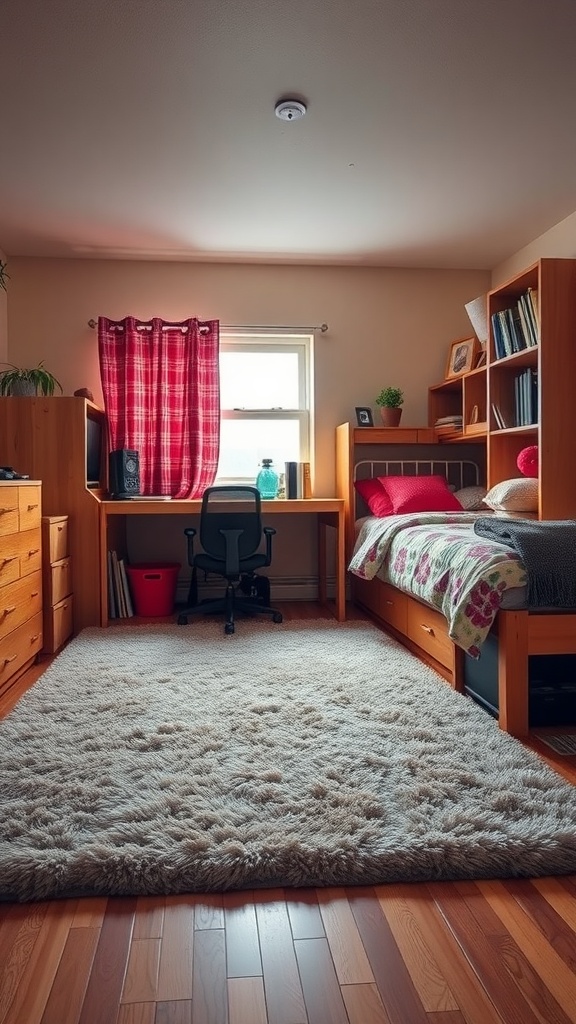 Cozy dorm room with a plush rug, wooden furniture, and bright bedding.