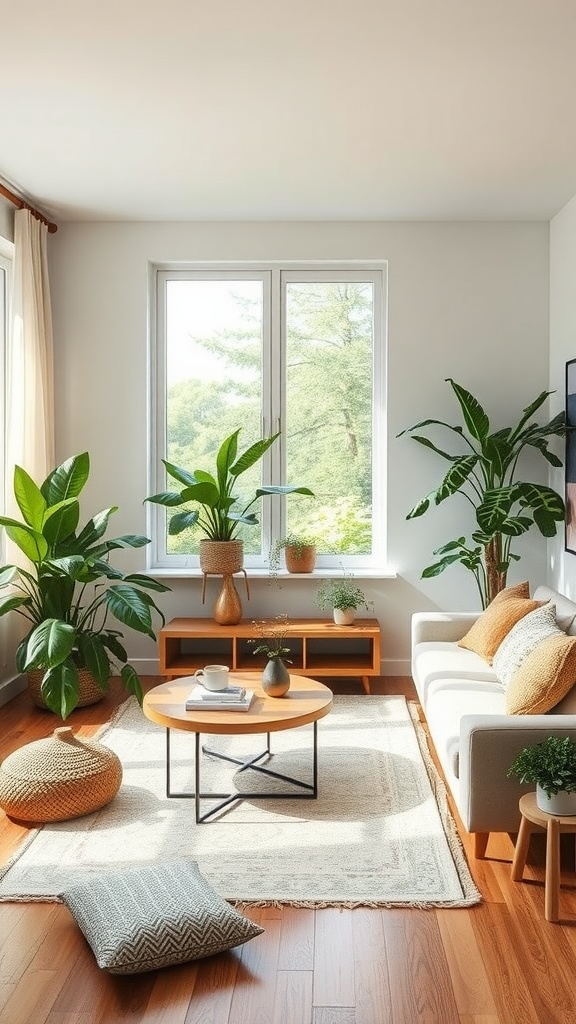 A bright living room with plants, natural wood furniture, and cozy decor elements.