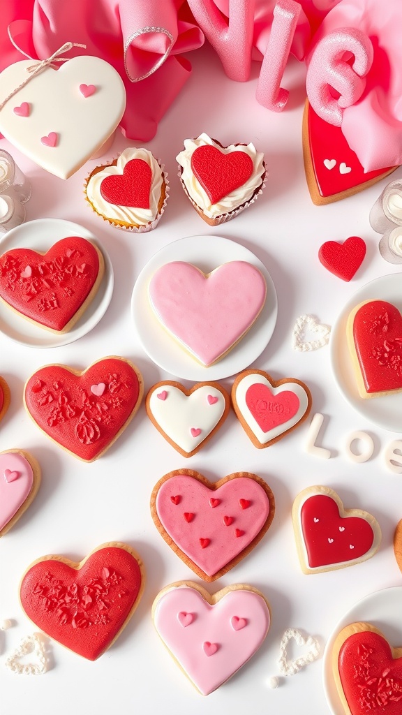 Heart-shaped cookies and cupcakes for Valentine's Day display.