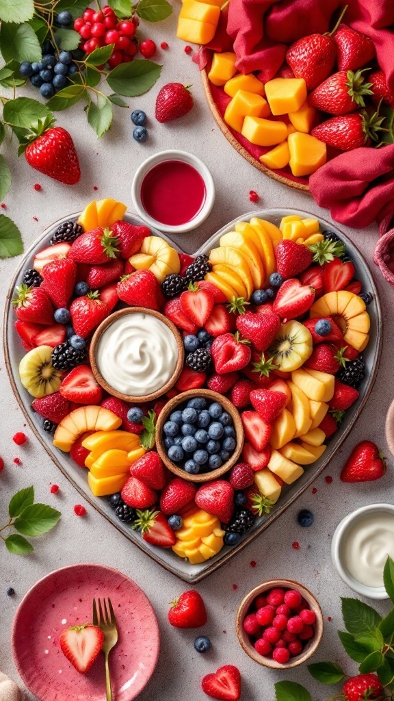 A heart-shaped platter filled with assorted fruits and dips for Valentine's Day.