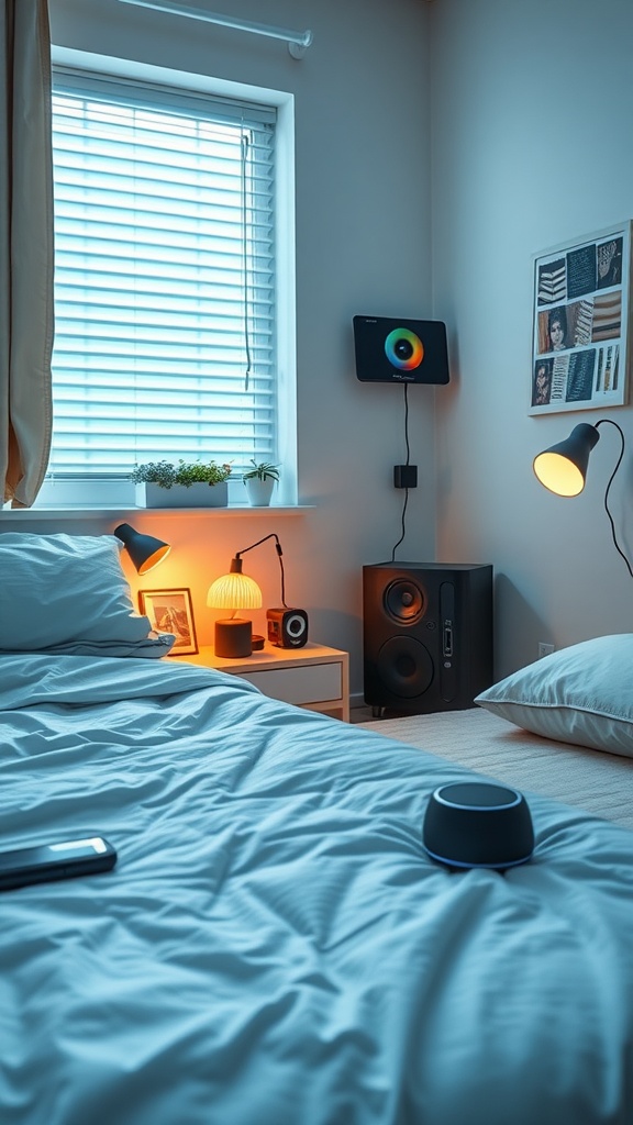 A stylish dorm room featuring tech gadgets like a smart speaker and a modern lamp.