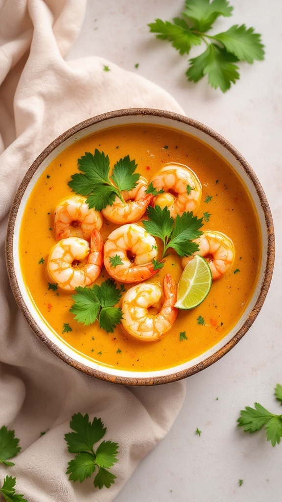 A bowl of Thai Coconut Curry Soup with shrimp and cilantro garnished on top.