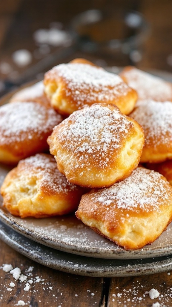 Golden brown Vanilla French Beignets dusted with powdered sugar on a rustic wooden table.