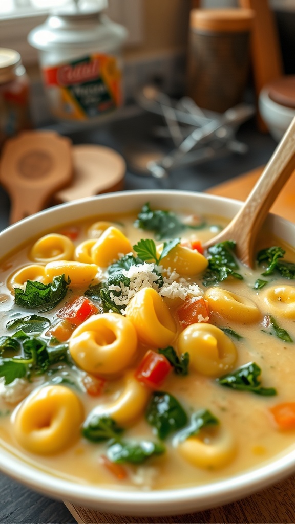 Creamy vegetarian tortellini soup with kale, garnished with parmesan cheese and parsley, on a rustic table.