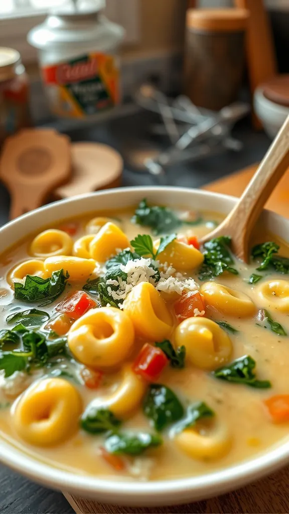 Creamy vegetarian tortellini soup with kale, parmesan, and parsley in a cozy kitchen setting.