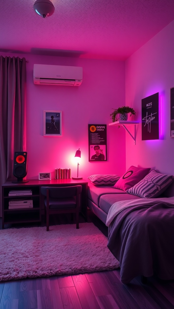 A cozy bedroom corner featuring pink neon lighting, a bed with decorative pillows, a small desk, and a shelf with plants and decorations.