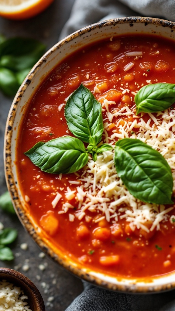 A bowl of Tomato Basil Soup topped with basil and Parmesan cheese.