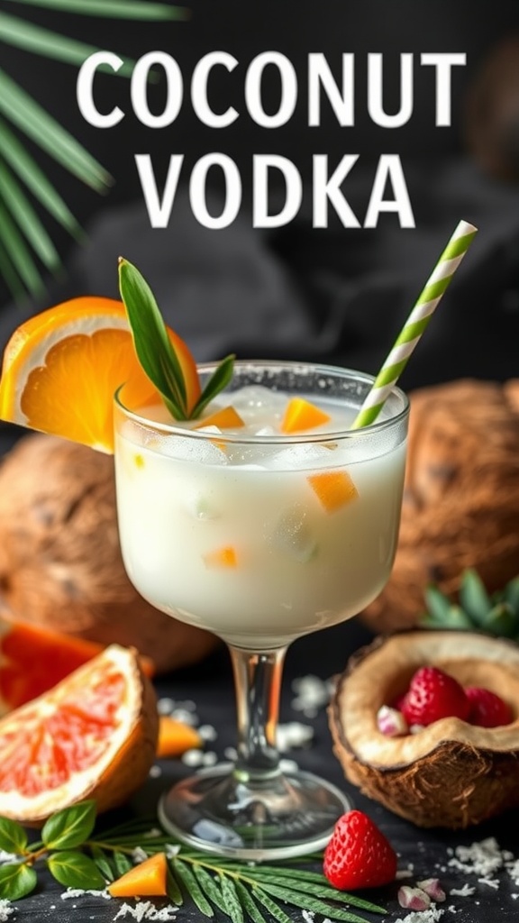 Tropical Coconut Vodka Punch in a glass with fresh fruits and mint garnish.