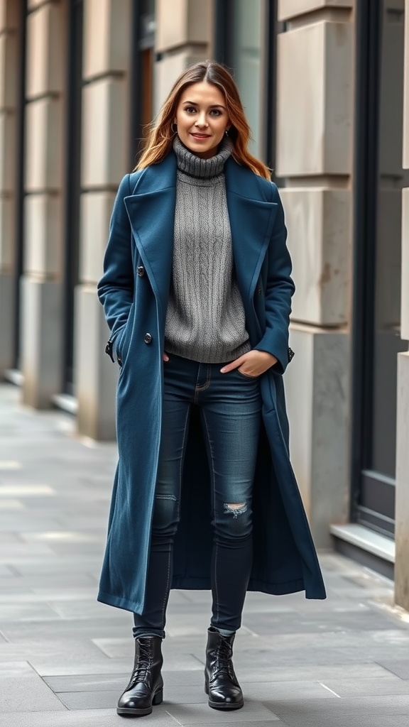 A woman wearing a gray turtleneck sweater and distressed jeans standing on a tree-lined street.