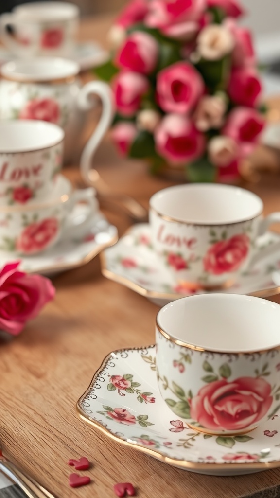 A table setting featuring heart-shaped plates, mugs, and a red jelly dessert, all themed for Valentine's Day.