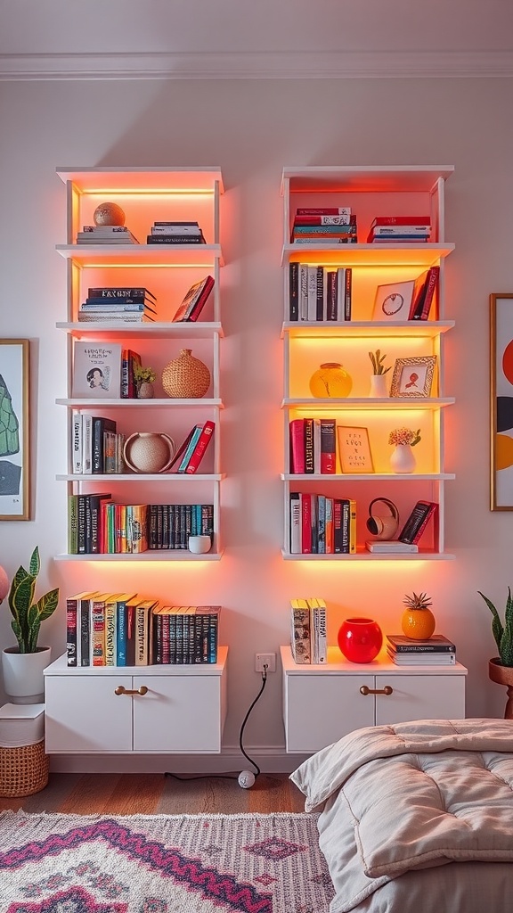 Neon-lit shelving with books and decorative items in a cozy bedroom