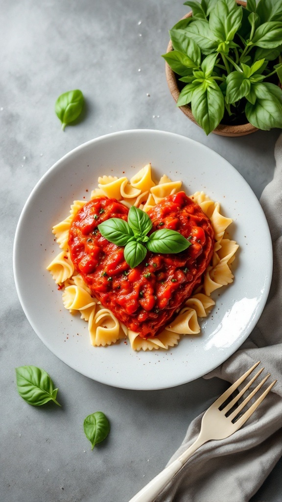 Valentine's Day pasta with roasted red pepper sauce served in a heart shape