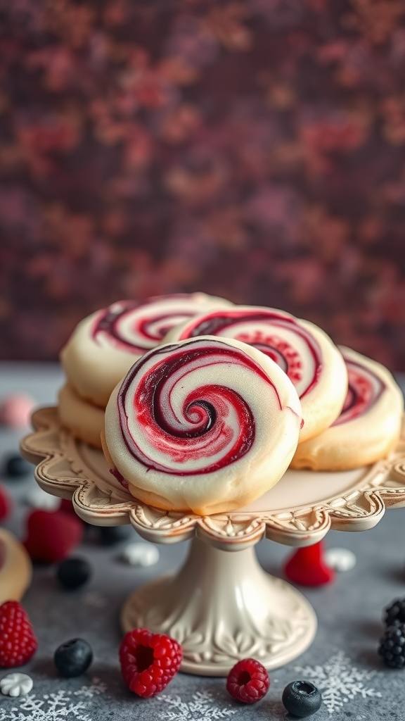 Vanilla bean cookies with a berry swirl on a decorative plate