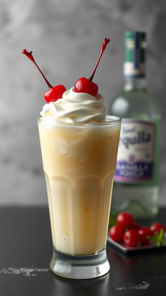 A delicious Vanilla Tequila Cream Soda topped with whipped cream and cherries, with a bottle of tequila in the background.