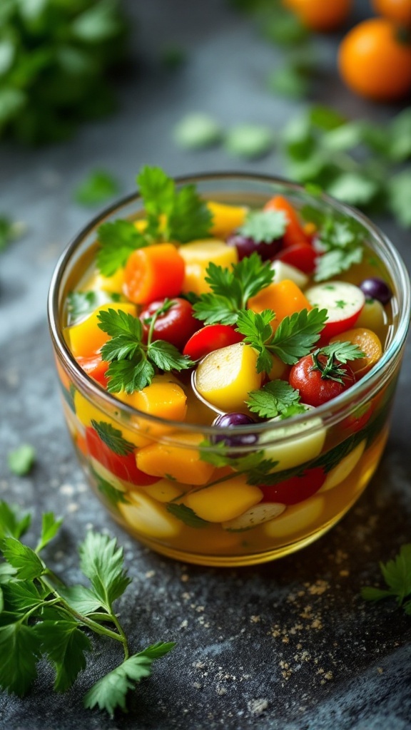 A bowl of vegetable broth with colorful vegetables and herbs.