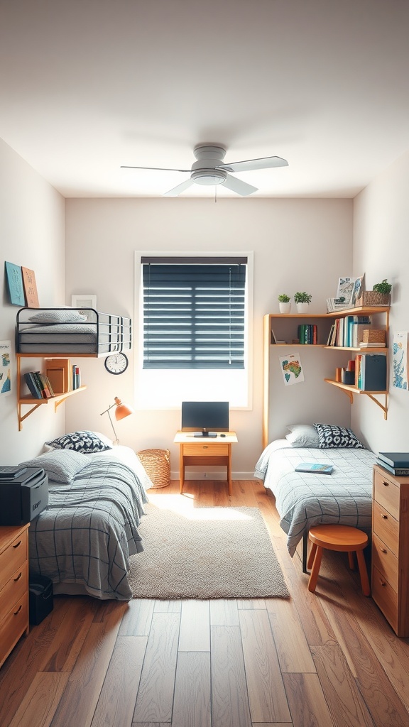 A stylish dorm room with two beds, a desk, and shelves, designed for comfort and functionality.