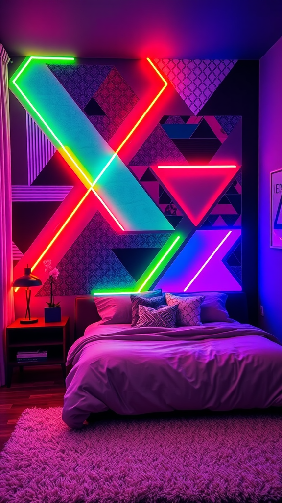 A cozy bedroom featuring a neon accent wall with geometric designs in pink and orange lighting.