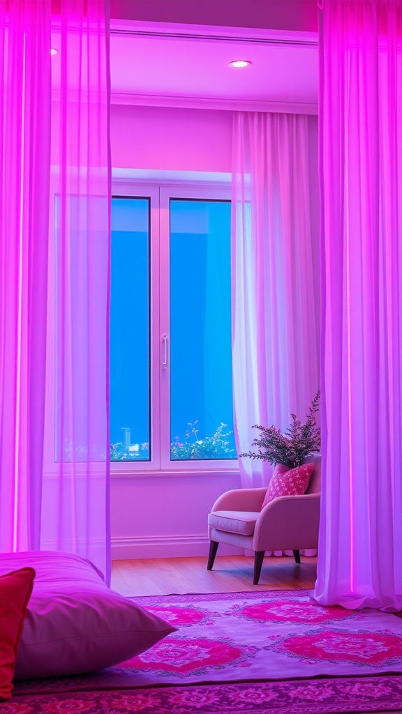 A living room with vibrant neon curtains.