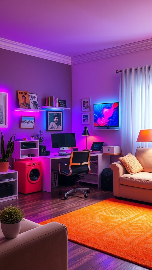 A colorful home office with neon lights and modern furnishings.