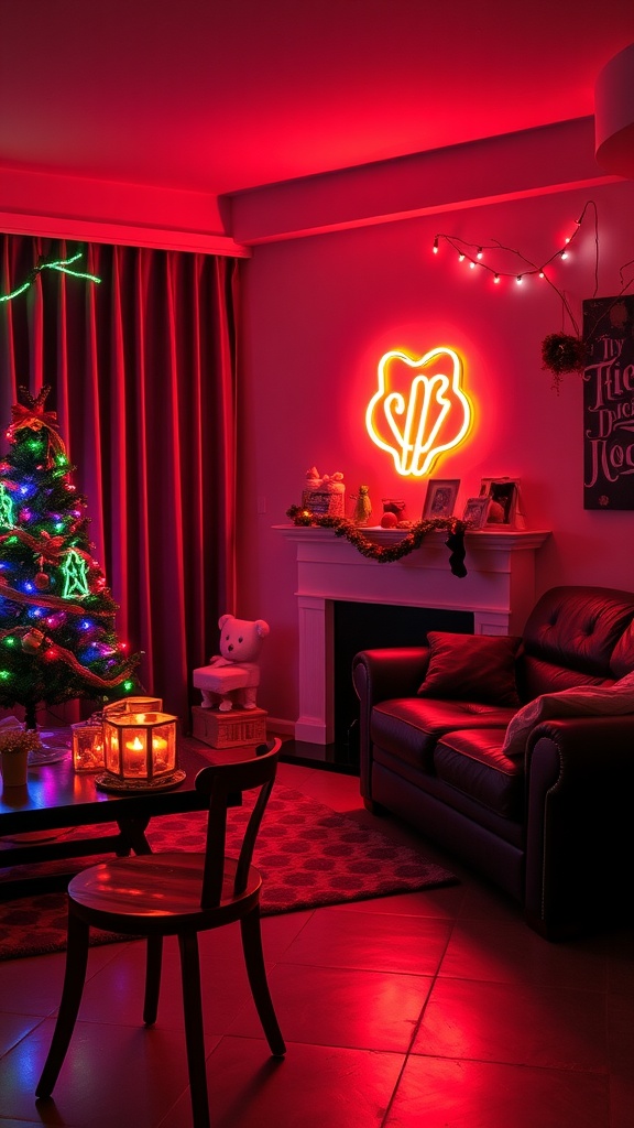 A cozy living room decorated with neon lights and colorful seasonal decor.