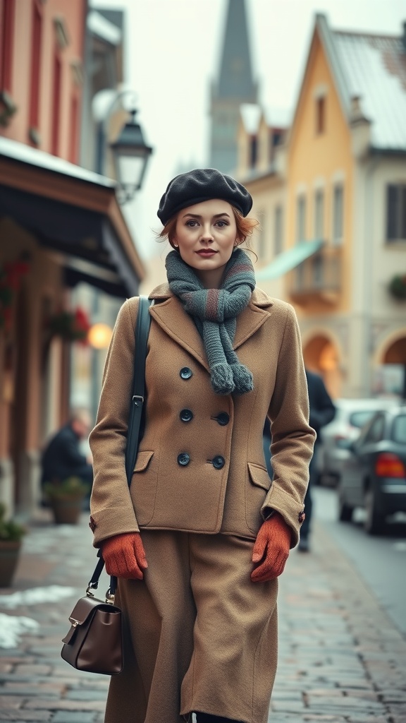 A woman in a vintage-inspired winter outfit with a camel coat, plaid scarf, beret, and orange gloves, walking in a colorful street.