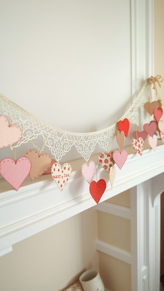 A garland made of colorful paper hearts decorated with lace, perfect for Valentine's Day decor.