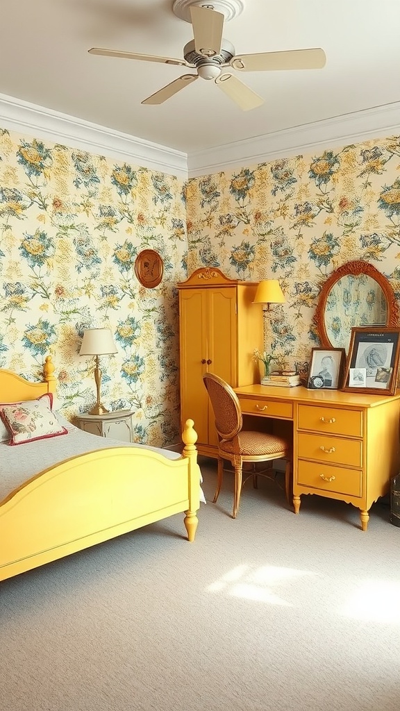 A vintage yellow-themed bedroom featuring floral wallpaper, yellow furniture, and a cozy atmosphere.