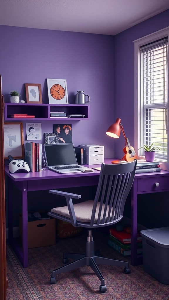 A cozy violet study nook featuring a purple desk, laptop, potted plant, and framed photos.