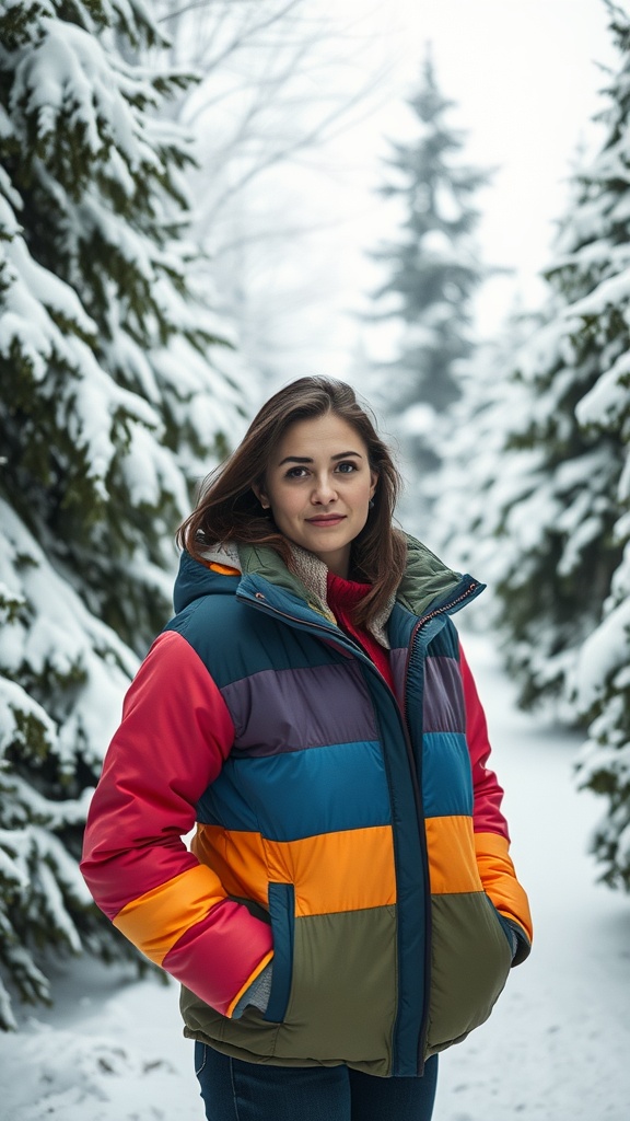 A woman in a colorful puffer jacket stands in a snowy forest, showcasing a stylish winter outfit.