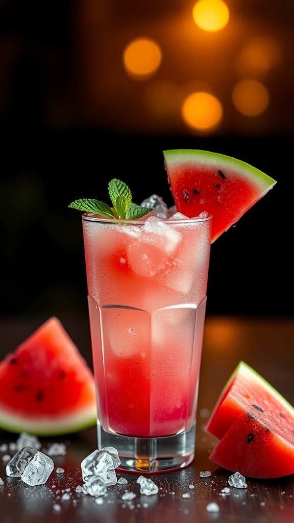 A refreshing Watermelon Tequila Slush in a glass, garnished with a mint leaf and watermelon slices