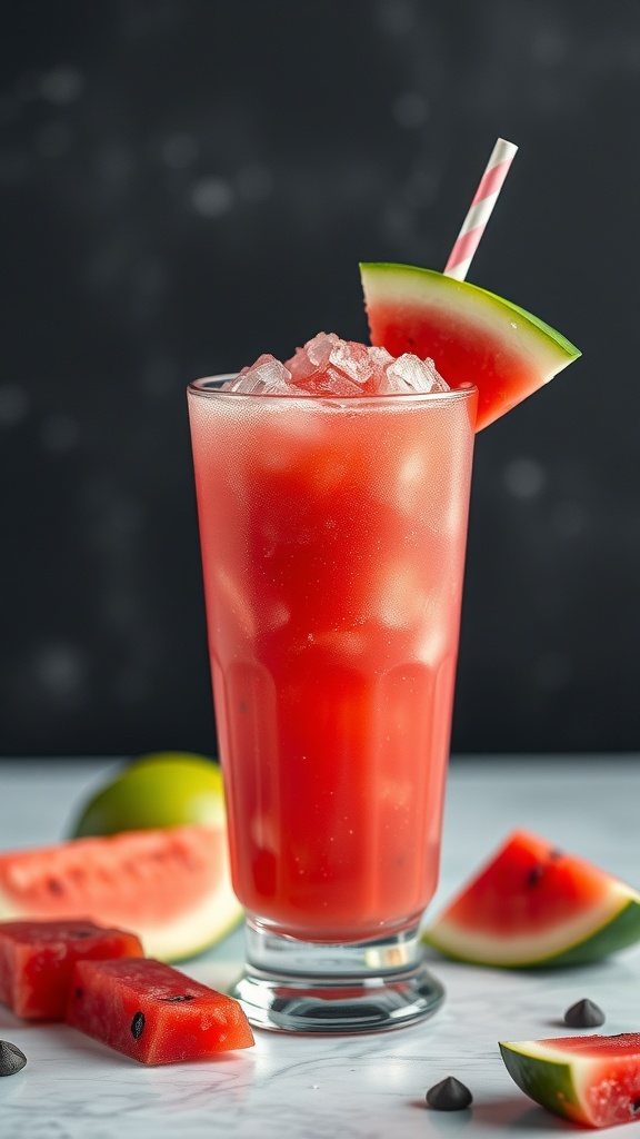 A refreshing watermelon vodka slush in a glass with ice, garnished with a watermelon wedge and striped straw.