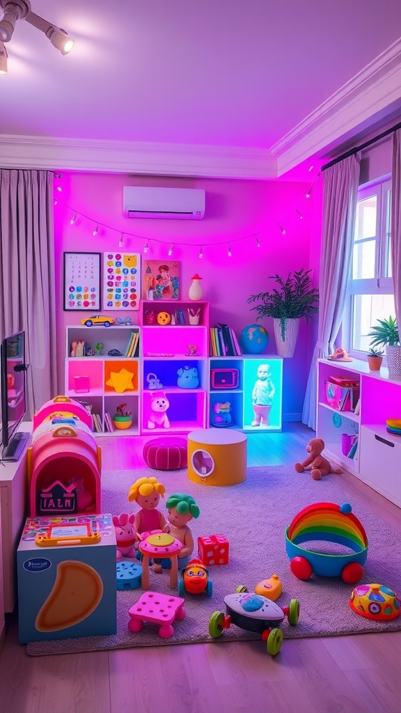 A vibrant children's play area with neon lighting and colorful toys.