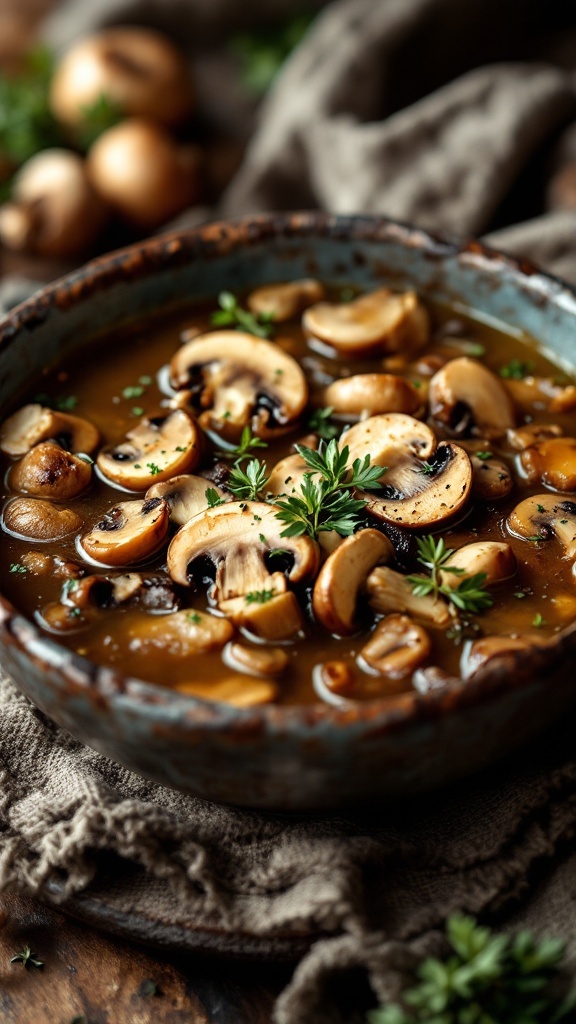 A bowl of wild mushroom soup garnished with herbs.