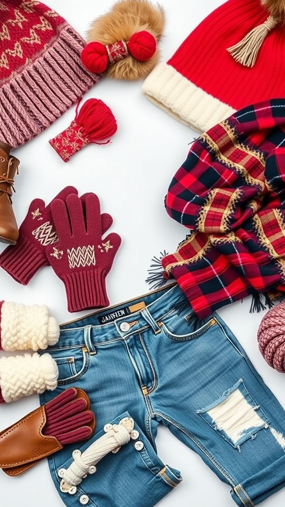 A flat lay of winter accessories including hats, gloves, and a scarf, paired with a pair of jeans.