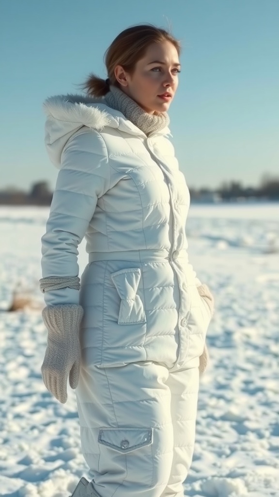 A woman in a white padded jumpsuit and scarf standing in a snowy landscape.