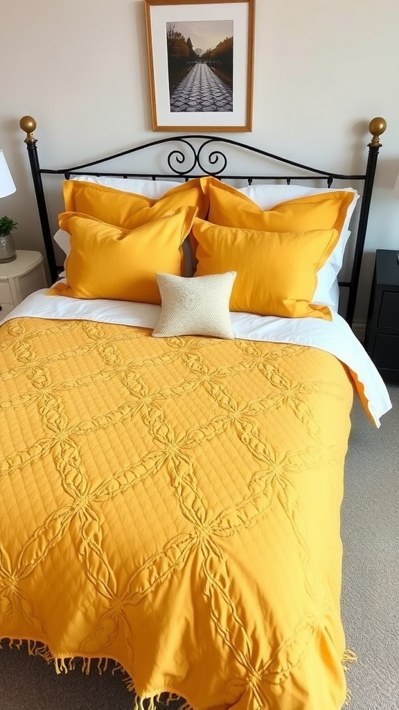 Cozy yellow bedding set featuring a quilted blanket and pillows.