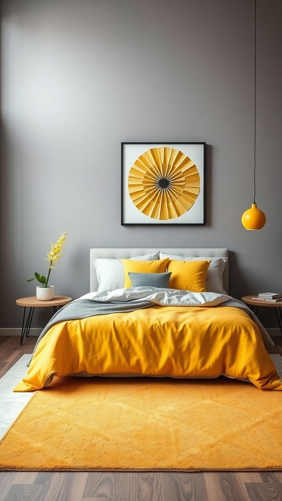 A cozy bedroom featuring gray walls and yellow bedding, creating a bright and inviting atmosphere.