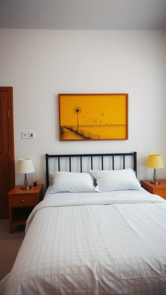 A cozy yellow-themed bedroom featuring a bright orange artwork above a black bed.